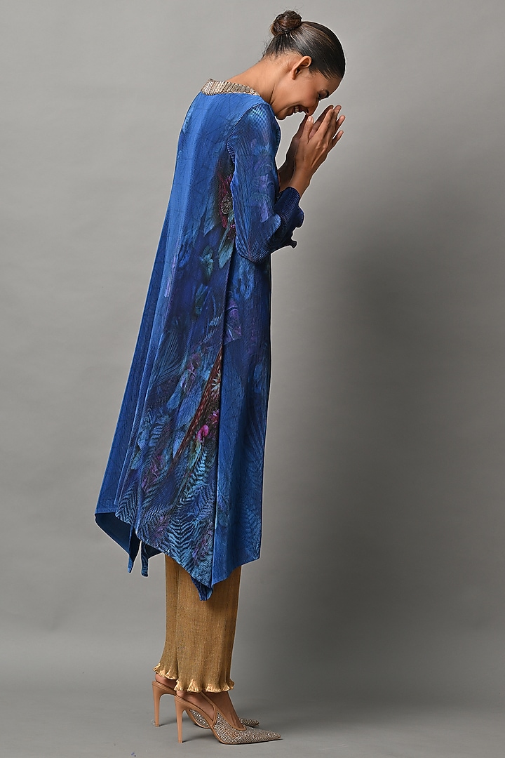 Indigo Polyester Embroidered Pleated Kaftan by Kiran Uttam Ghosh at Pernia's Pop Up Shop
