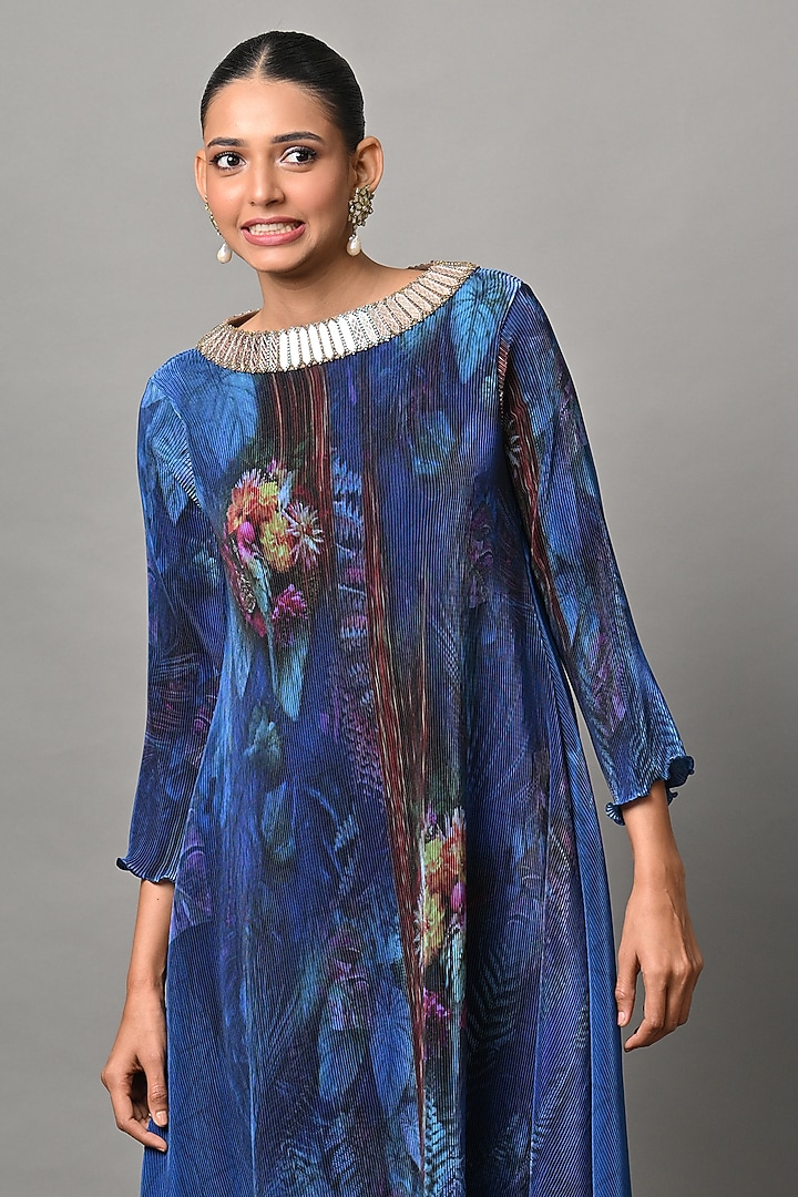 Indigo Polyester Embroidered Pleated Kaftan by Kiran Uttam Ghosh at Pernia's Pop Up Shop