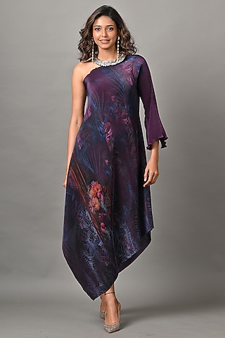 Purple Polyester Brick Embroidered One Shoulder Dress by Kiran Uttam Ghosh