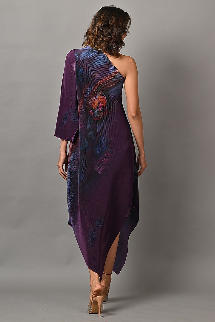 Purple Polyester Brick Embroidered One Shoulder Dress by Kiran Uttam Ghosh at Pernia's Pop Up Shop