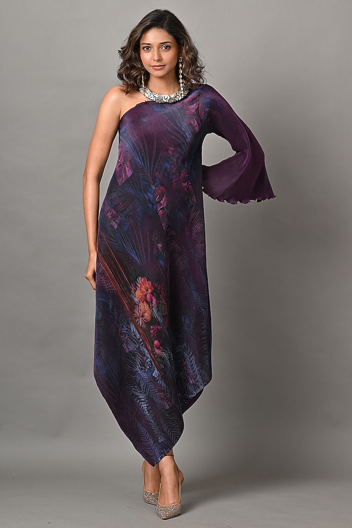 Purple Polyester Brick Embroidered One Shoulder Dress by Kiran Uttam Ghosh at Pernia's Pop Up Shop
