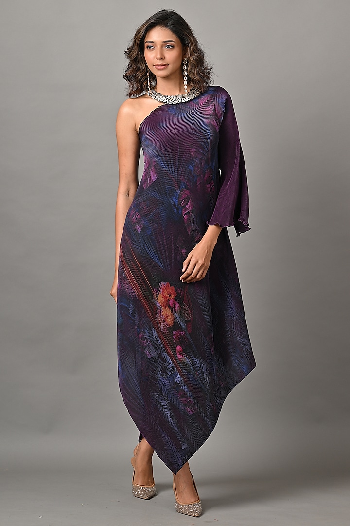 Purple Polyester Brick Embroidered One Shoulder Dress by Kiran Uttam Ghosh at Pernia's Pop Up Shop