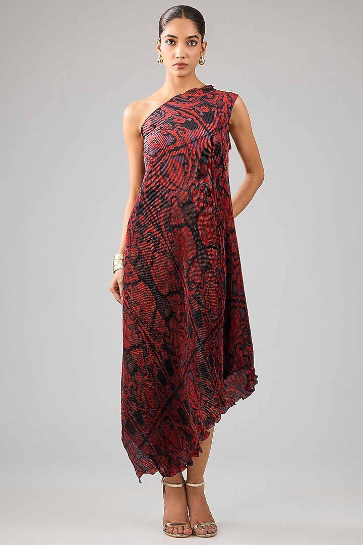 Maroon Pleated Polyester Digital Printed One-Shoulder Vacation Dress by Kiran Uttam Ghosh at Pernia's Pop Up Shop