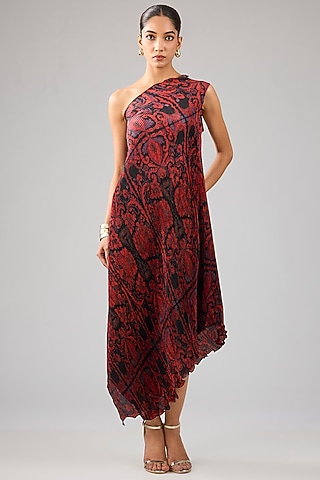 Maroon Pleated Polyester Digital Printed One-Shoulder Dress by Kiran Uttam Ghosh