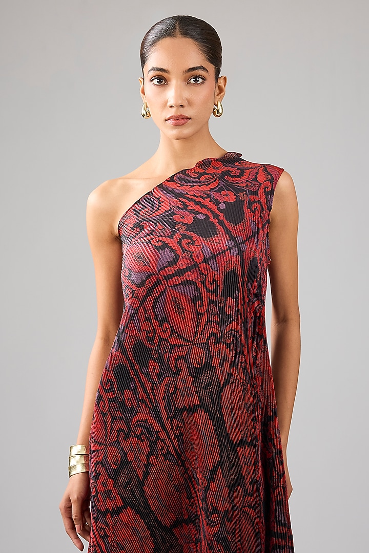 Maroon Pleated Polyester Digital Printed One-Shoulder Vacation Dress by Kiran Uttam Ghosh at Pernia's Pop Up Shop