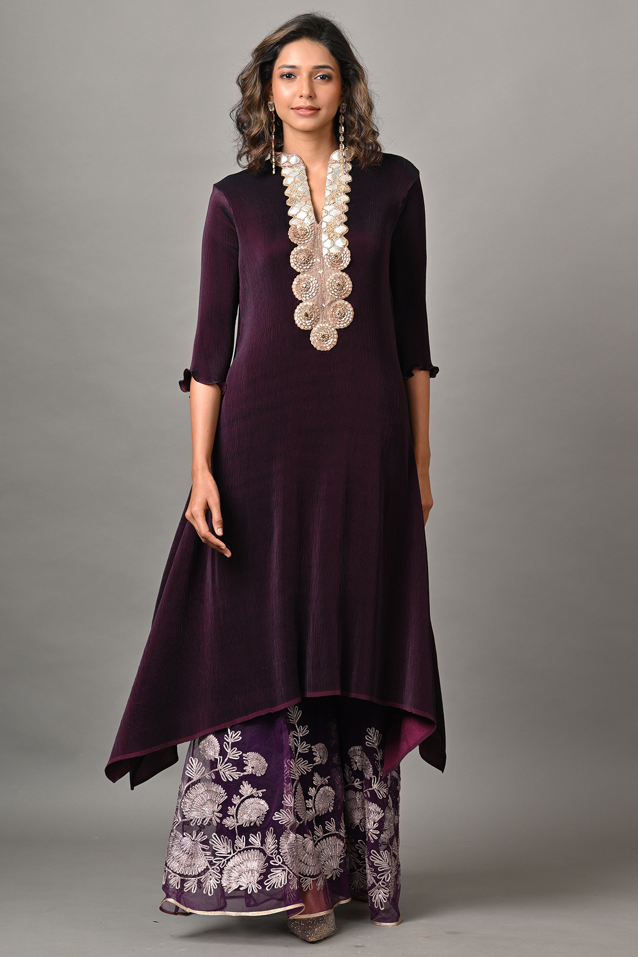 Blackberry Polyester Embroidered Pleated Kaftan by Kiran Uttam Ghosh at Pernia's Pop Up Shop