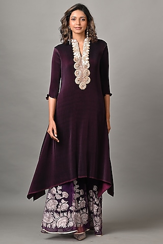 Blackberry Polyester Embroidered Pleated Kaftan by Kiran Uttam Ghosh