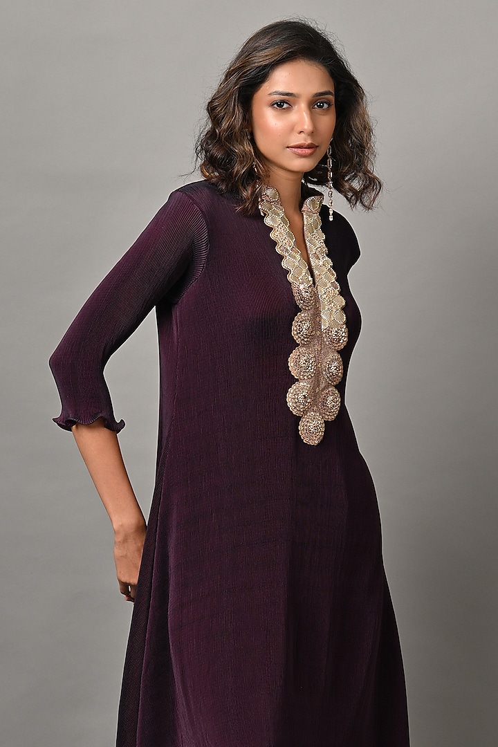 Blackberry Polyester Embroidered Pleated Kaftan by Kiran Uttam Ghosh at Pernia's Pop Up Shop