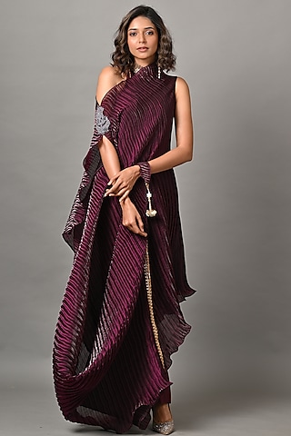 Blackberry Polyester Pleated Drape With Tunic by Kiran Uttam Ghosh