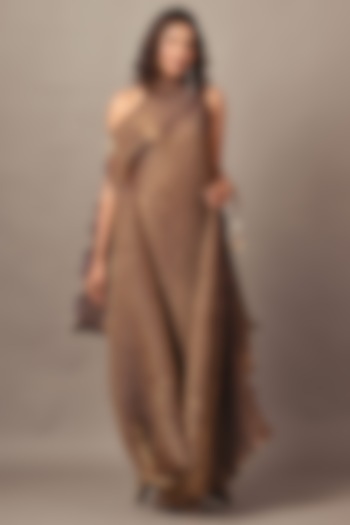 Antique Gold Jersey & Pleated Polyester Cocktail Dress With Drape by Kiran Uttam Ghosh at Pernia's Pop Up Shop