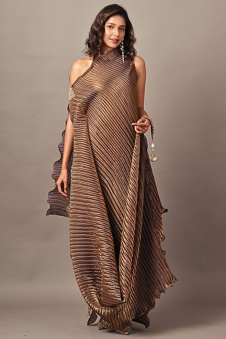 Antique Gold Jersey & Pleated Polyester Cocktail Dress With Drape by Kiran Uttam Ghosh at Pernia's Pop Up Shop