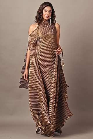 Antique Gold Jersey & Pleated Polyester Dress With Drape by Kiran Uttam Ghosh