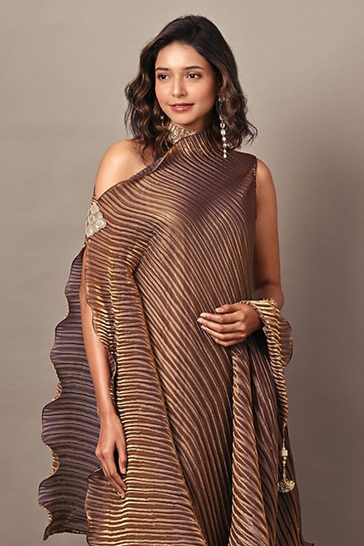 Antique Gold Jersey & Pleated Polyester Cocktail Dress With Drape by Kiran Uttam Ghosh at Pernia's Pop Up Shop