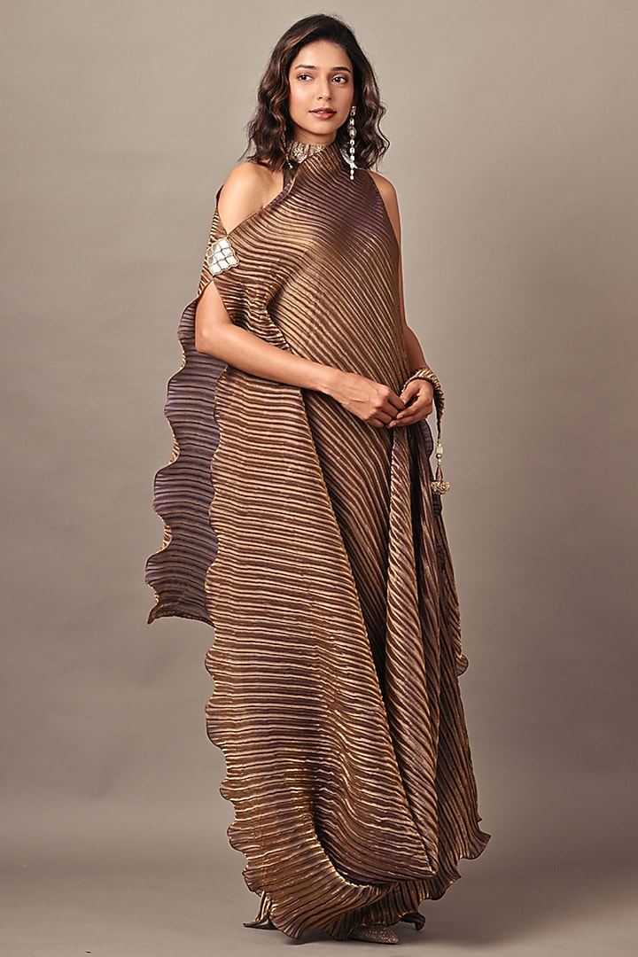 Antique Gold Jersey & Pleated Polyester Cocktail Dress With Drape by Kiran Uttam Ghosh at Pernia's Pop Up Shop