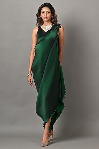 Emerald Polyester Embroidered Dress With Drape by Kiran Uttam Ghosh
