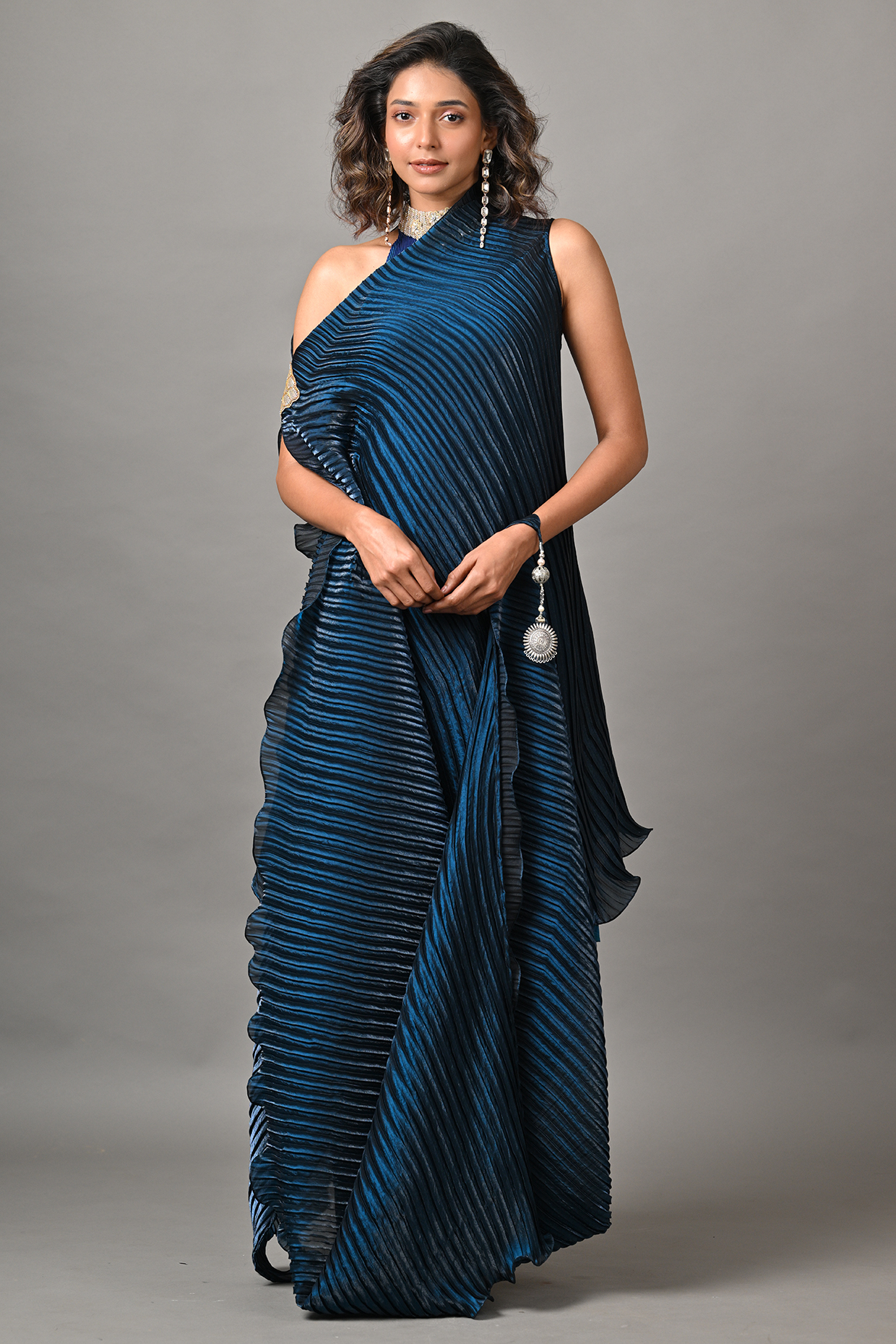 Navy Polyester Pleated Tunic With Drape by Kiran Uttam Ghosh at Pernia's Pop Up Shop
