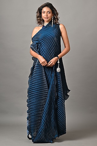 Navy Polyester Pleated Tunic With Drape by Kiran Uttam Ghosh