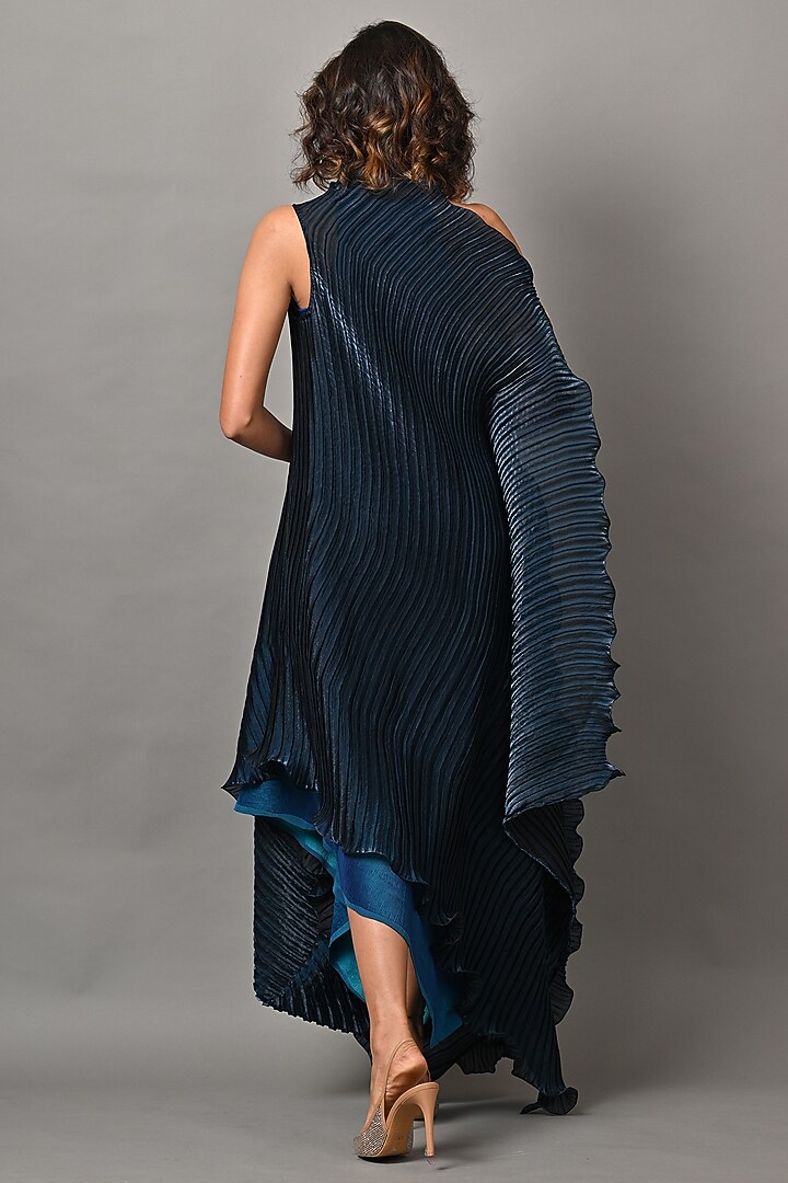 Navy Polyester Pleated Tunic With Drape by Kiran Uttam Ghosh at Pernia's Pop Up Shop