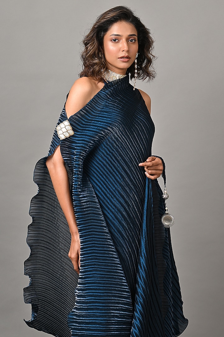 Navy Polyester Pleated Tunic With Drape by Kiran Uttam Ghosh at Pernia's Pop Up Shop