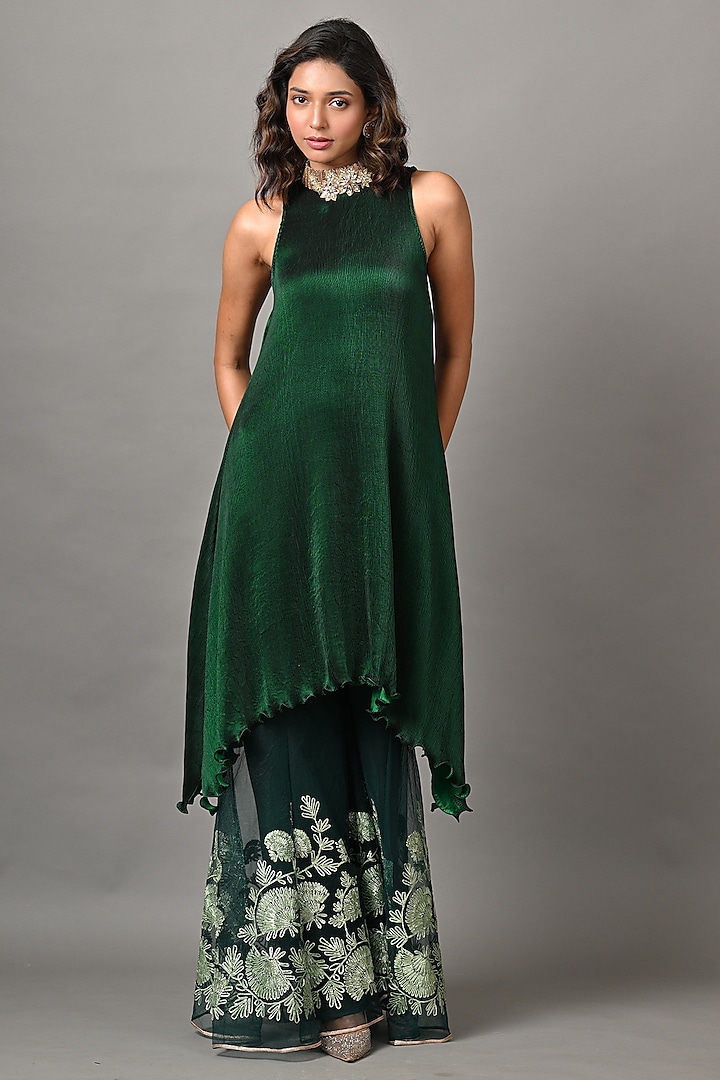 Emerald Polyester Brick Embroidered Pleated Vacation Dress by Kiran Uttam Ghosh at Pernia's Pop Up Shop