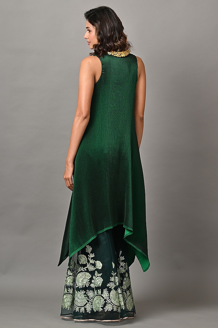 Emerald Polyester Brick Embroidered Pleated Vacation Dress by Kiran Uttam Ghosh at Pernia's Pop Up Shop