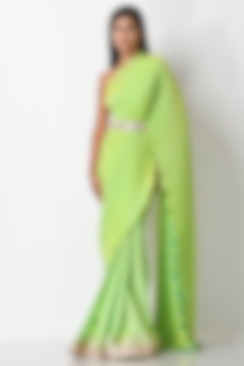Lime Green Hand Embroidered Pleated Saree Set by Kiran Uttam Ghosh