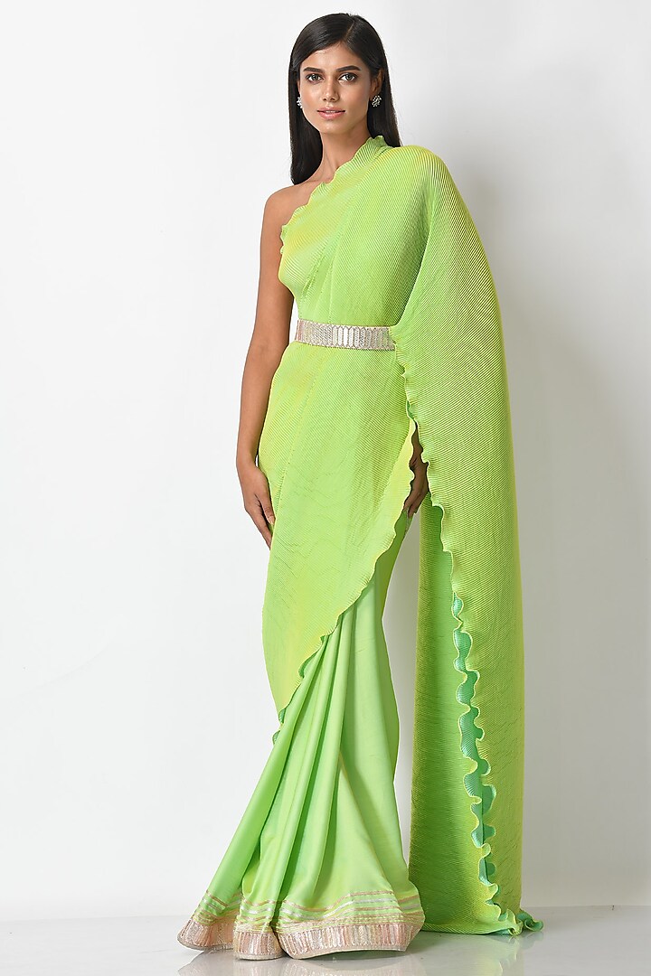 Lime Green Hand Embroidered Pleated Saree Set by Kiran Uttam Ghosh