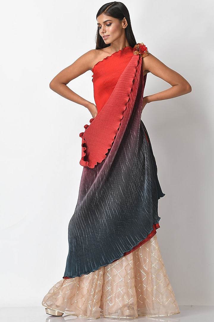 Red & Navy Blue Hand Embroidered Drape by Kiran Uttam Ghosh