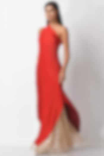 Brick Red Pleated Dress by Kiran Uttam Ghosh