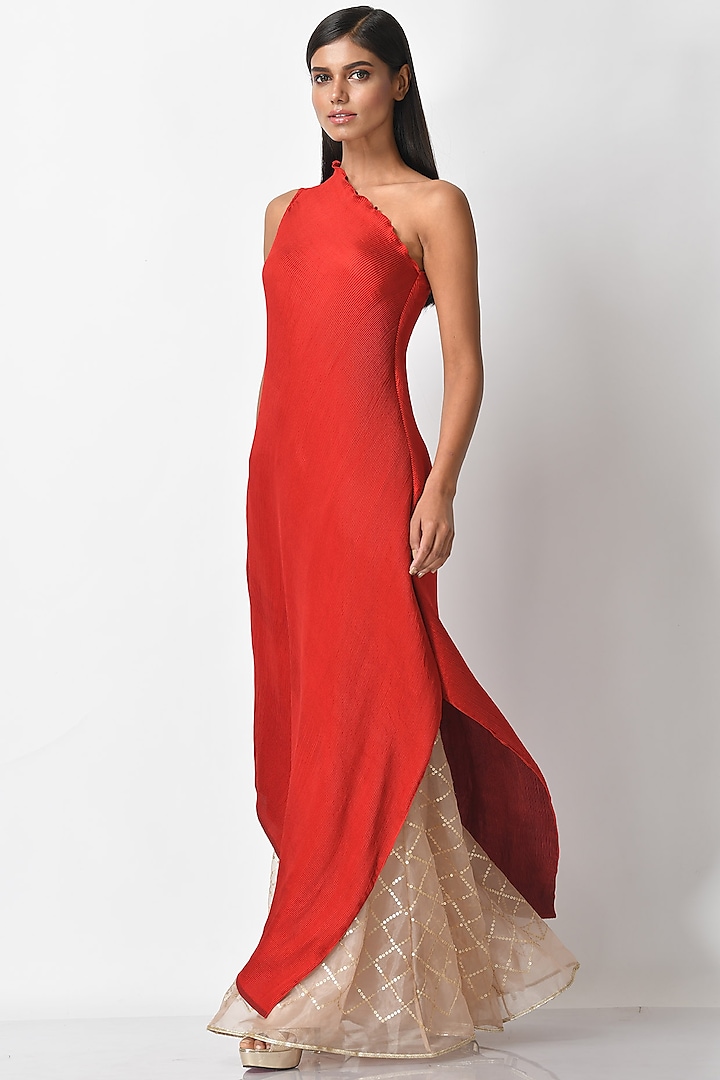 Brick Red Pleated Dress by Kiran Uttam Ghosh