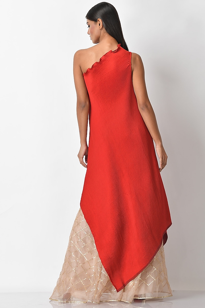 Brick Red Pleated Dress by Kiran Uttam Ghosh at Pernia's Pop Up Shop