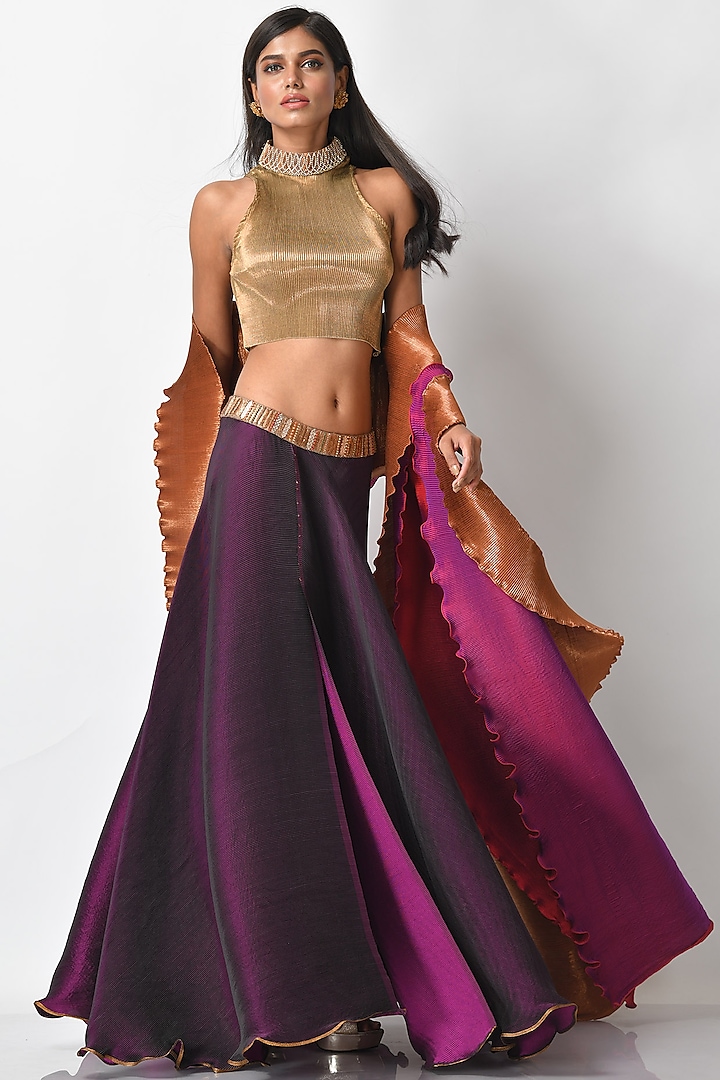 Blackberry Pleated Skirt Set by Kiran Uttam Ghosh