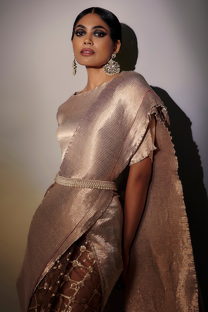 Beige Woven Fabric Pearl Embroidered Belt by Kiran Uttam Ghosh at Pernia's Pop Up Shop