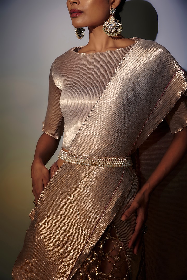 Beige Woven Fabric Pearl Embroidered Belt by Kiran Uttam Ghosh at Pernia's Pop Up Shop