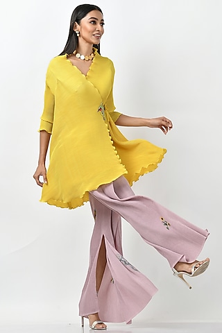Salmon Printed Wide-Leg Trousers by Kiran Uttam Ghosh