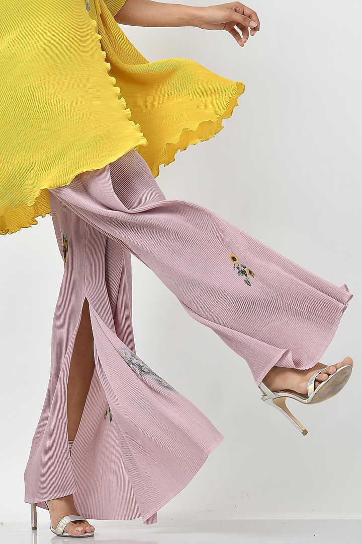 Salmon Printed Wide-Leg Trousers by Kiran Uttam Ghosh at Pernia's Pop Up Shop