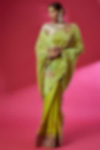 Lime Pleated Polyester Floral Printed Saree Set by Kiran Uttam Ghosh at Pernia's Pop Up Shop