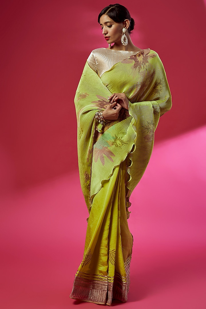 Lime Pleated Polyester Floral Printed Saree Set by Kiran Uttam Ghosh