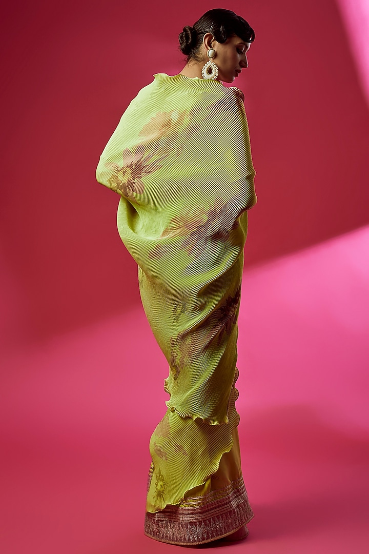 Lime Pleated Polyester Floral Printed Wedding Saree Set by Kiran Uttam Ghosh at Pernia's Pop Up Shop