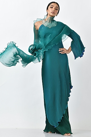 Blue-Green Pleated Polyester & Organza Machine Embroidered Tunic With Drape by Kiran Uttam Ghosh