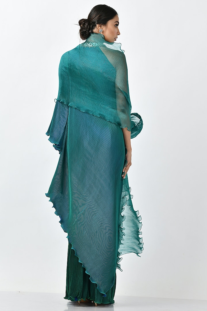 Blue-Green Pleated Polyester & Organza Machine Embroidered Tunic With Drape by Kiran Uttam Ghosh at Pernia's Pop Up Shop