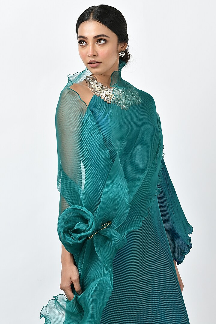 Blue-Green Pleated Polyester & Organza Machine Embroidered Tunic With Drape by Kiran Uttam Ghosh at Pernia's Pop Up Shop