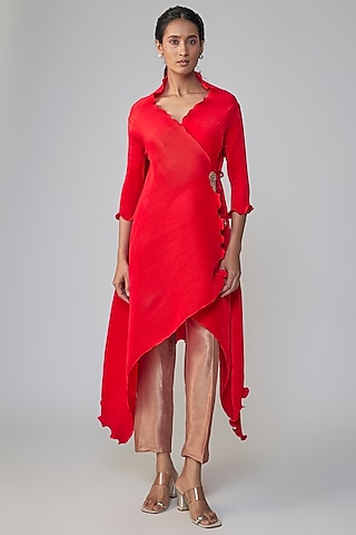 Red Polyester & Viscose Tunic Set by Kiran Uttam Ghosh