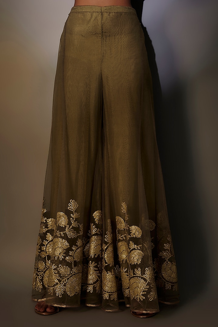 Khaki Net & Taffeta Gota Embroidered Sharara Pants by Kiran Uttam Ghosh