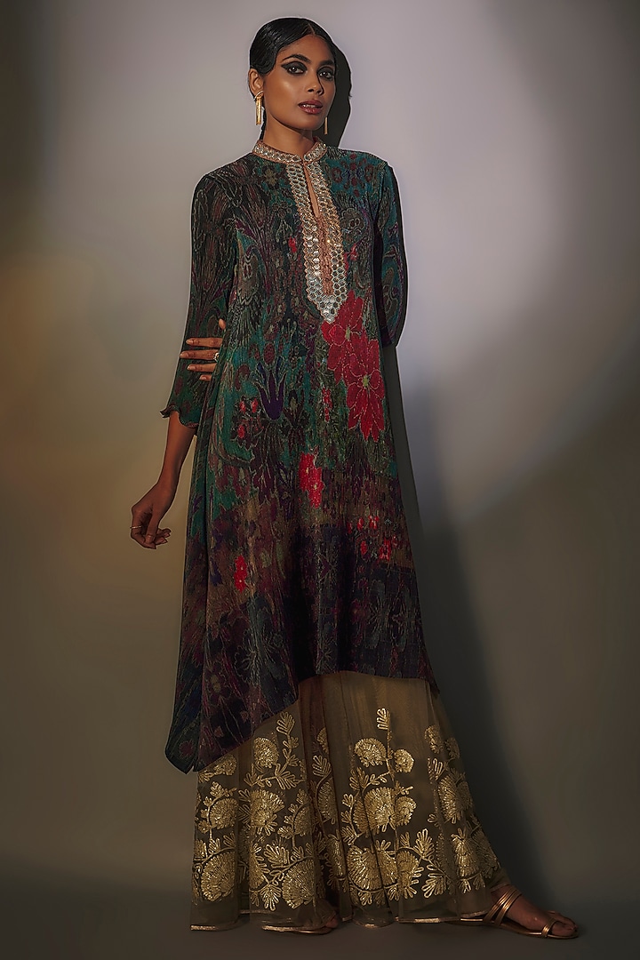 Khaki Net & Taffeta Gota Embroidered Sharara Pants by Kiran Uttam Ghosh at Pernia's Pop Up Shop