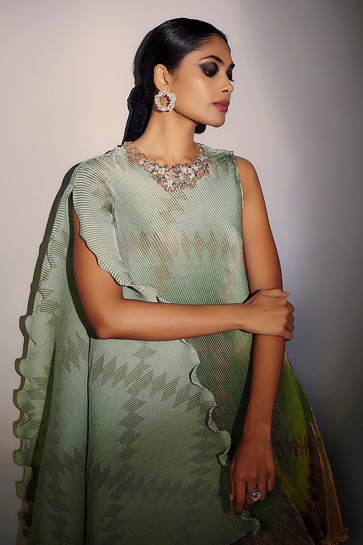 Sage & Lime Pleated Polyester Printed Wrap Kaftan Set by Kiran Uttam Ghosh at Pernia's Pop Up Shop