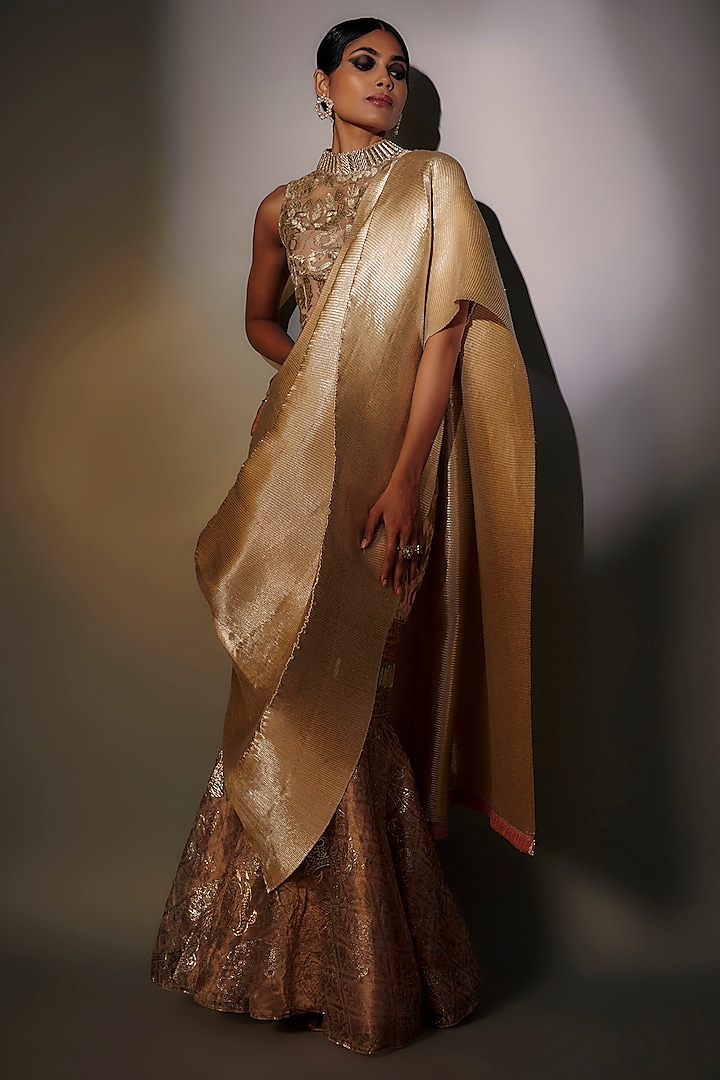 Cream Woven & Pleated Polyester Draped Skirt Set by Kiran Uttam Ghosh