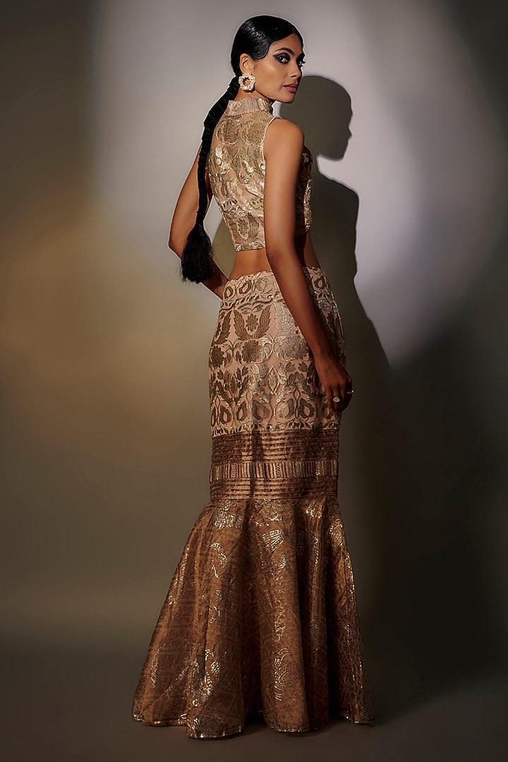 Cream Woven & Pleated Polyester Draped Skirt Set by Kiran Uttam Ghosh at Pernia's Pop Up Shop
