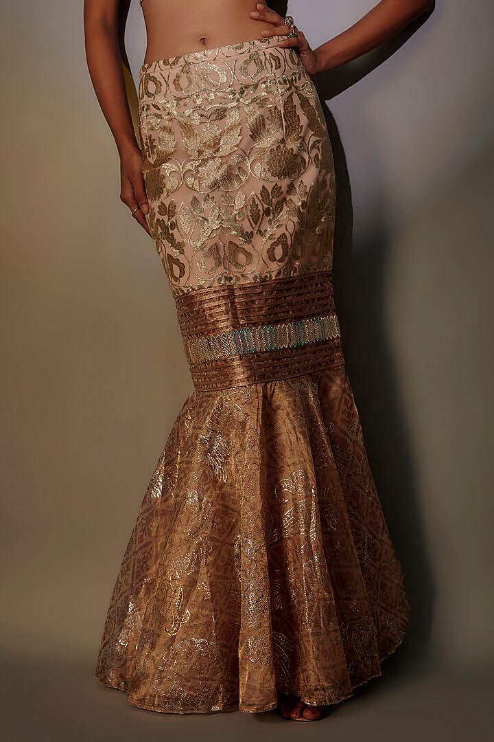 Cream Woven & Pleated Polyester Draped Skirt Set by Kiran Uttam Ghosh at Pernia's Pop Up Shop