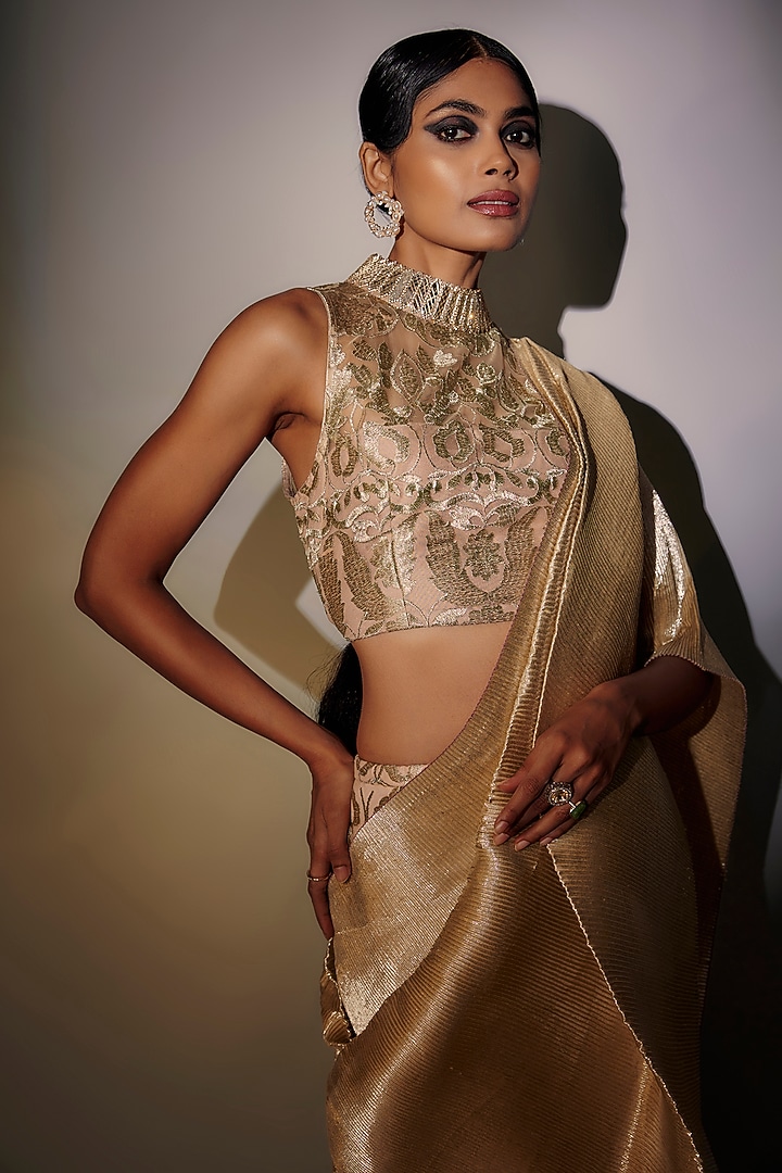 Cream Woven & Pleated Polyester Draped Skirt Set by Kiran Uttam Ghosh at Pernia's Pop Up Shop